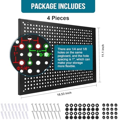 4 Pack Heavy Duty Steel Pegboard Garage Organization Panels,Universal 1/8 and 1/4 Pegboard Accessories,Suitable for Tool Storage,Garage Storage etc. (Black, 16X10.5) - Image 3