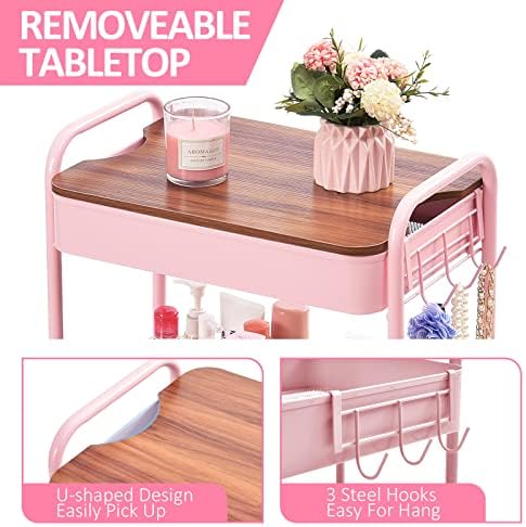 TOOLF 3 Tier Rolling Cart, Metal Utility Storage Cart with Wheels, Pink - Image 3