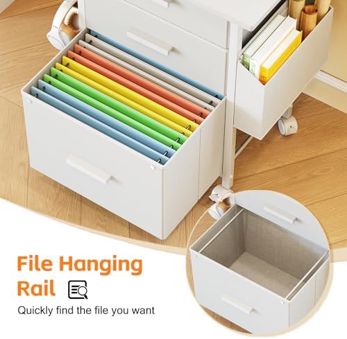 3-Drawer Mobile File Cabinet with 22" Wide Printer Stand, Fabric Under Desk Filing Cabinet with Side Bag & Headphone Hook, Fits Letter/A4 Size Hanging File Folders, Rolling Home Office Organizer,White - Image 6