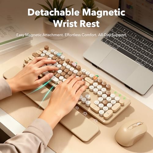Wireless Keyboard and Mouse, Round Keycap, Magnetic Wrist Rest, Latte Beige - Image 2