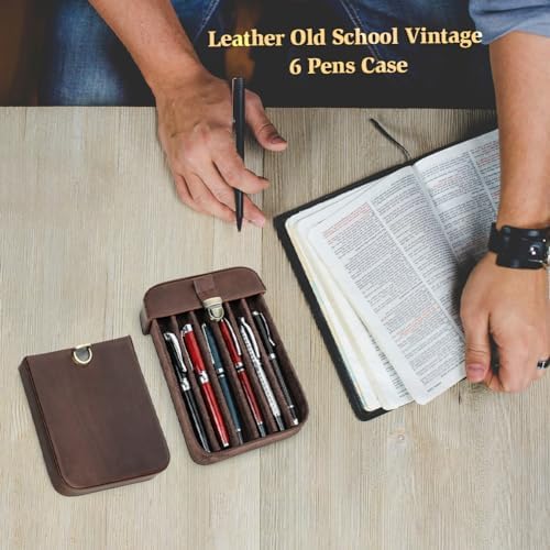 Hiram Vintage Leather 6-Pen Case Large Capacity Pen Holder with Brass Buckle Closure Travel Pouch for Fountain Pens Rollerballs - Image 5