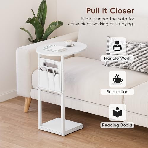Vagusicc C Shaped End Table, Adjustable Height Small Side Table for Couch and Recliner, 32" Tall Couch Side Table Slide Under Sofa Tray Desk with Storage Bag for Living Room and Bedroom, White - Image 7