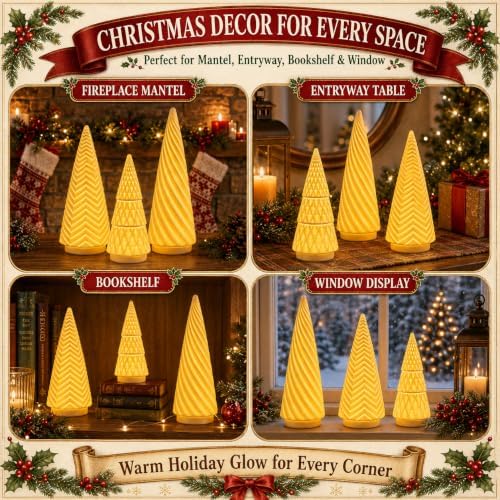 Lighted Ceramic Christmas Trees Set of 3 White Tabletop Christmas Decor - Image 5