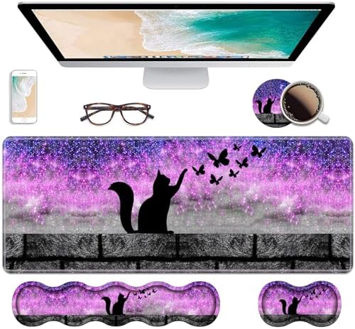 Ergonomic Keyboard Wrist Rest & Mouse Pad Wrist Rest Set, Large XXL Gaming Desk Mat 31.5"x 11.8" with Non-Slip Base, Memory Foam, Easy Typing Pain Relief for Home & Office, Black Cat and Butterfly by Unknown