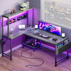 PRAISUN L Shaped Gaming Desk with LED Lights & Power Outlets by PRAISUN