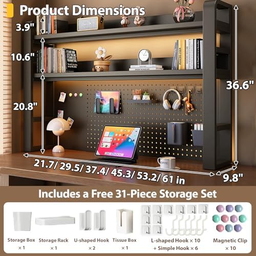 Desk Shelf - Includes a Pegboard and a Free 31-Piece Storage Accessory Set, Desk Hutch, Adjustable Hutch for Home Office Dorm (3-Tier Black Frame + Walnut Board 21.7×9.8×36.6") - Image 2