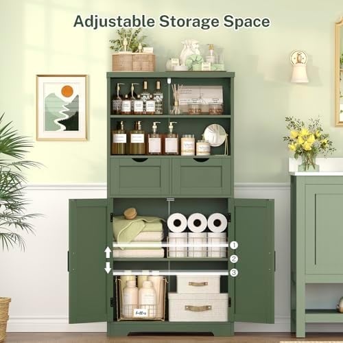 TEENFON Bathroom Cabinet with Adjustable Shelf & 2 Drawers, Farmhouse Storage Cabinet with 2 Doors, Kitchen Storage Cabinets for Living Room, Entryway, Home Office, Forest Green - Image 4