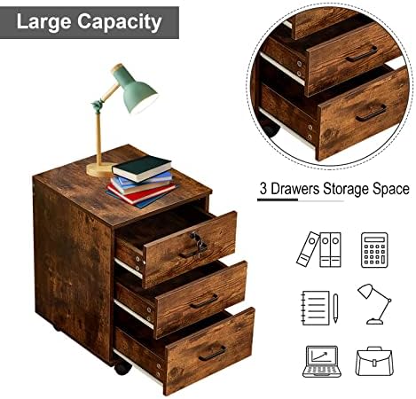 OFCASA 3 Drawer File Cabinet with Lock, Small Rolling Filing Cabinets for Home Office, Wood Under Desk File Cabinet with Wheels, Mobile Storage Organizer, Printer Stand for Letter/Legal, Rustic Brown - Image 4