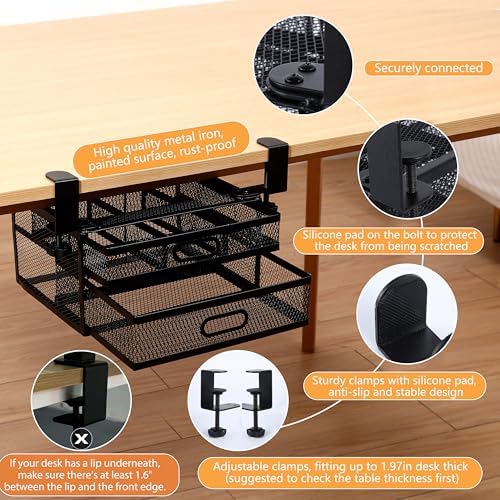 Sliding Under Desk Drawer Organizer No Drilling 2 Drawers Slide Out Desktop Or Under Table Storage Metal Clamp On Desk Drawer Attachment Anti-Slip Small Under Desk Organizer for Home & Office - Image 5
