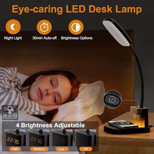 10W Wireless Charging LED Desk Lamp with Clock, Light Black - Image 4