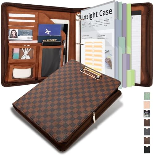 Clipboard with Storage for Men Women, Leather Padfolio Portfolio with Zipper, 1 Inch 3 Ring Binder 5 Dividers, Notepad for Letter Size, Elastic Closure and Pen Loop, Card Slot，Brown by KLLVE