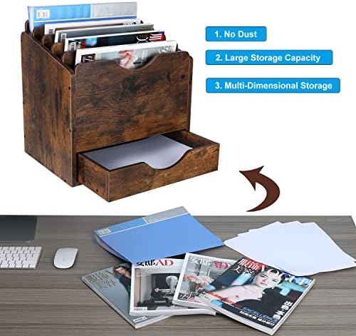 PAG-Mass Wood Desktop File Holder Organizer Mail Sorter with Drawer, for File Folders, Mails, Envelopes, Mailing Supplies or Magazines, 6 Compartments, Antique Brown - Image 3