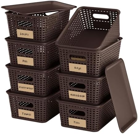 8 Pack Plastic Storage Baskets,Brown Stackable Bins with Lid by WRRLORS