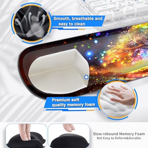 Large Gaming Mouse Pad+ Keyboard Wrist Rest Set, Ergonomics Memory Foam Mouse Mat Wrist Rest Support for Home Office, Waterproof Extended Mousepad 31.5x11.8in, Colorful Tree of Life Desk Pad - Image 4