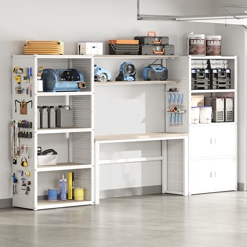 FLEXIMOUNTS 117"L Modular Garage Storage Cabinet with Workbench, White by FLEXIMOUNTS