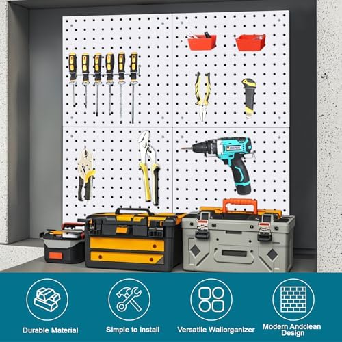 4 Pack Steel Peg Board,Universal 1/8 and 1/4 Pegboard Accessories,Ideal for Garage Tool Storage, Office Organization, Craft Room, Kitchen etc. (White, 4-12X12) - Image 3