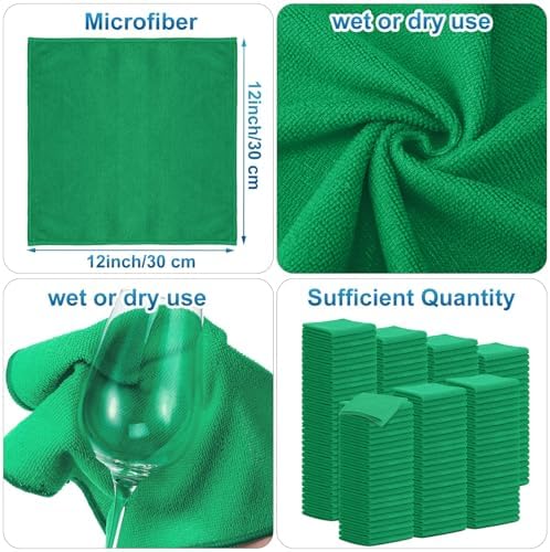 Tenare 100 Pack 12'' x 12'' Microfiber Cleaning Cloths Reusable Cleaning Rags Bulk Microfiber Towels Softer Highly Absorbent Washcloths for House Kitchen Car Window(Green) - Image 2