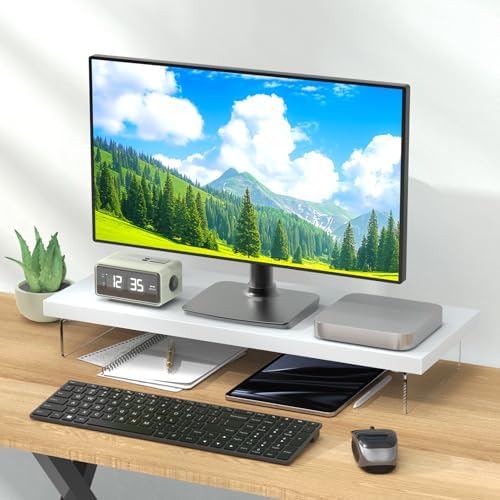 Dual Monitor Stand Riser, 40x10 in Wood & Acrylic Desktop Organizer Shelf - Image 7