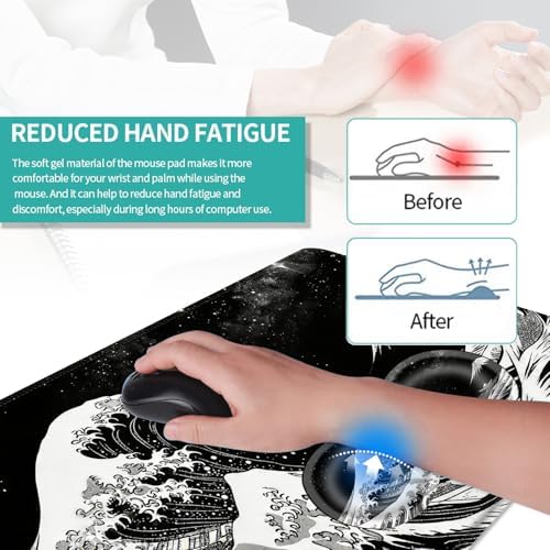 Keyboard Mouse Pad Set, Extended Gaming Mouse Pad+Ergonomics Keyboard Wrist Rest Support, Memory Foam, Easy Typing Pain Relief, 4Pcs XL Ultra Thick Desk Mat,Black and White Great Wave - Image 5