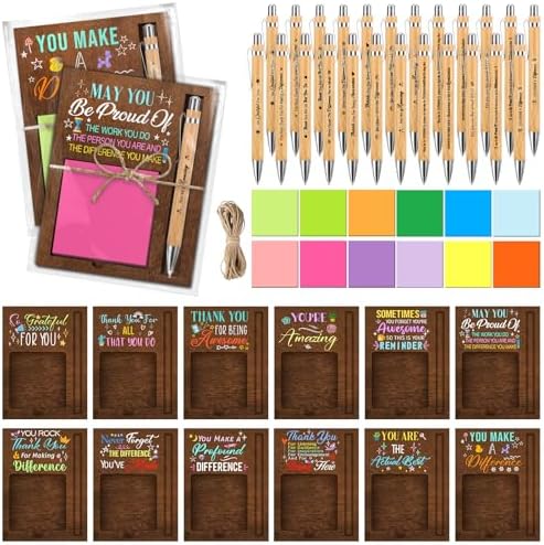 24 Set Employee Appreciation Gifts Bulk Sticky Notes with Ballpoint Pens and Wooden Pad Holder, Appreciation Sticky Note Organizer Thank You Gifts for Coworker Teacher Nurse Office Supplies by BOBOKA