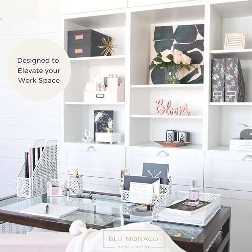 BLU MONACO | White Desk Organizer Set 6 Piece | Mail Sorter Organizer Countertop with Letter Sorter for Desk | Standing File Organizer for Desk with Pen Holders - Image 2