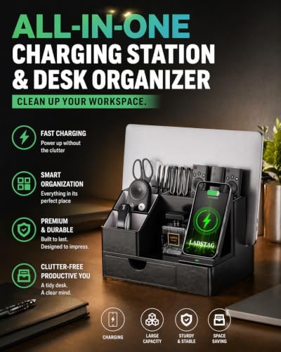 LADSTAG Leather Phone Docking Station for Men - Desk or Nightstand Organizer - Birthday Gifts for Husband, Dad - Anniversary Idea from Wife - Key Holder, Stand Wallet, Watch & Essentials - Image 2