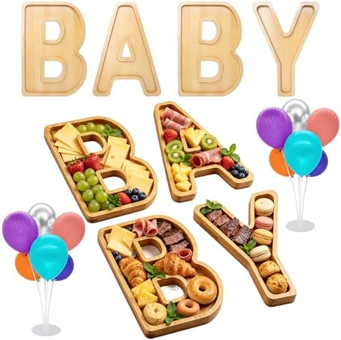 4PCS Baby Charcuterie Board Letters-(with 14 Balloons) Fillable Letter Food Serving Tray for Party Desserts Container Fruit Platter,Reusable for Baby Shower Gender Reveal Birthday Party Décor by Nsoyos