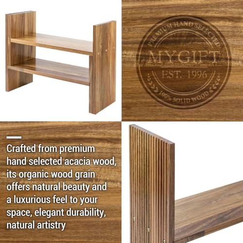 MyGift Premium Acacia Solid Wood Adjustable Desktop Book Shelf with Fluted Side Panels, Wooden Desk Storage Home Office Supplies Organizer, 2 Piece Shelves - Image 4