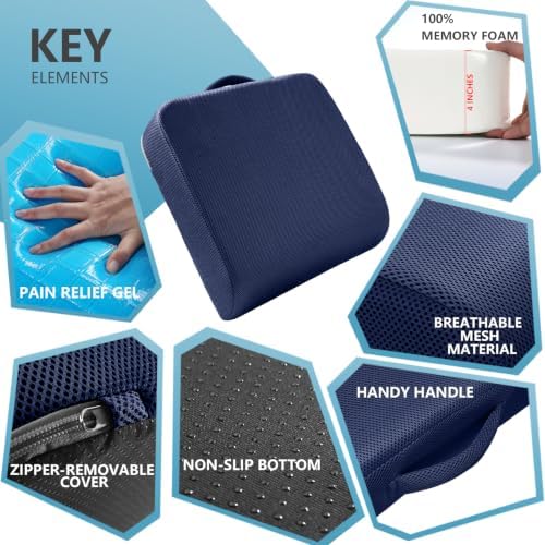 YOUFI Extra Thick Large Seat Cushion, Gel Memory Foam Cushion with Carry Handle Non Slip Bottom, Pain Relief Coccyx Cushion for Wheelchair Office Chair (Navy Blue, 19" x 17.5" x 4") - Image 4