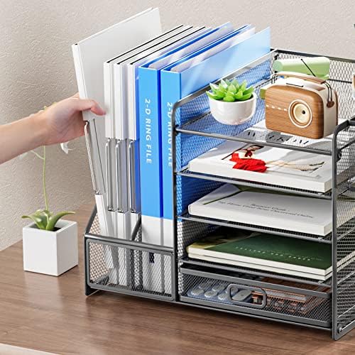 Marbrasse 5-Tier Paper Letter Tray Organizer with Drawer and Pen Holder, Mesh Desktop Organizer and Storage with Magazine Holder for Office Supplies (Grey) - Image 5