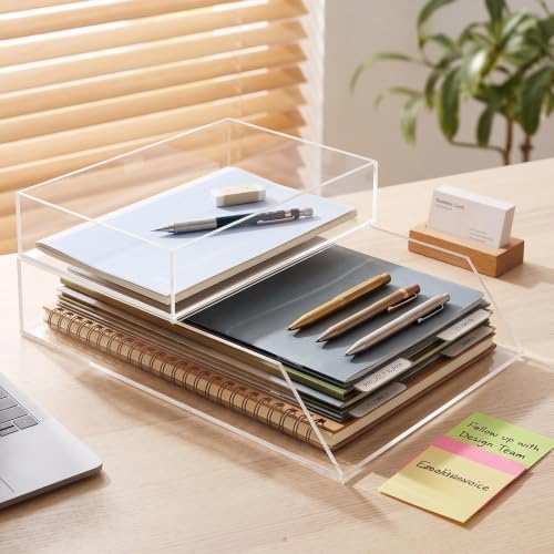Novabright Acrylic Desk Organizer Letter Tray Set of 2, Tabletop Desktop File Holder for Storage Paper Letters Folders Notebooks, Clear Stackable Paper Tray for Office Copy Print by Unknown