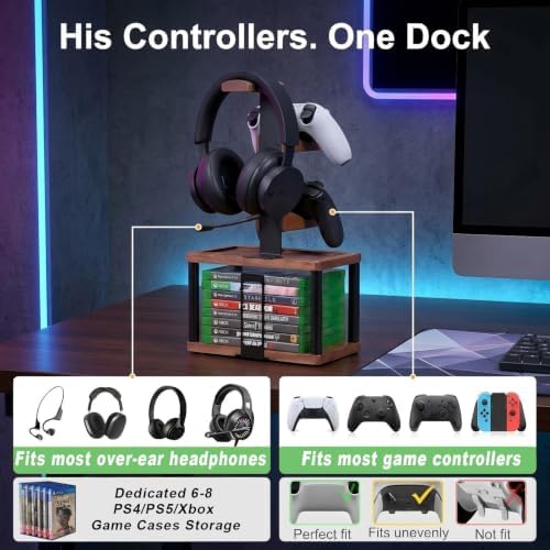 Solid Wood Controller Holder and Headphone Stand with Storage Base for Desk - Image 3
