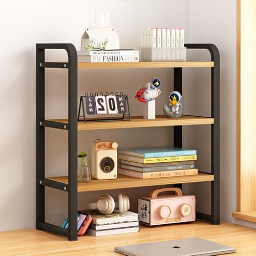 Office Desk Shelf Organizer, Wood Desktop Bookshelf Supplies Storage Rack, Shelf for Top of Desk and Dresser and Cubicle Decor Aesthetic Bookshelf (Black Wood, three Tier 19.69 Lx7.87 Wx22.05 H) by Janebert