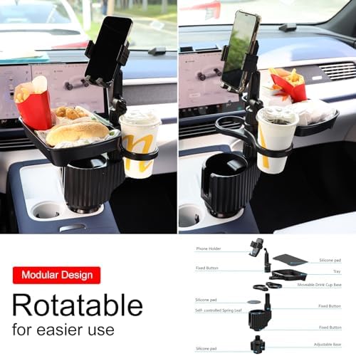 Car Large Cup Holder Expander, 5-in-1 Cupholder Extender with Phone Holder & Swivel and Detachable Snack Food Tray Table for Eating, Travel Essentials for Road Trips for Driver. Model C - Image 3