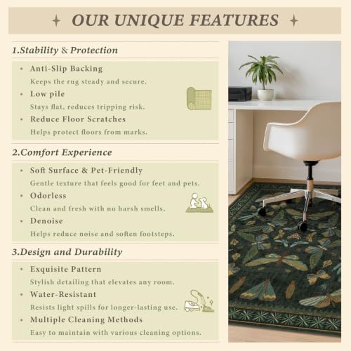 JTJ 5x6 Office Rug, Dark Green Vintage Insect Motif, Washable Non Slip - Image 6