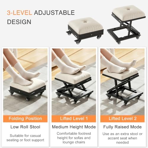 VECELO Foot Rest Under Desk at Work, Height Adjustable Rolling Foot Stool Set of 2 with Wheels, Cushioned Seat for Living Room, Bedroom, Home Office, Beige - Image 7