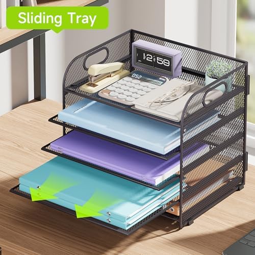 Cawukege 2 Pack 5 Tier Paper Organizer, Letter Tray with Handle, Mesh Desk Organizer, Metal File Organizer, Office Desk Accessories for Home, Office, Classroom, School -Grey - Image 3