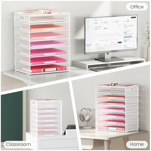Lavatino 2 Pack 8-Tier Office Desk File Organizer, Letter Tray Paper Organizer with Handle, Including 5 Adjustable Slide Trays for Organizing Desk Workspace Accessories and Supplies (White Metal Mesh) - Image 5