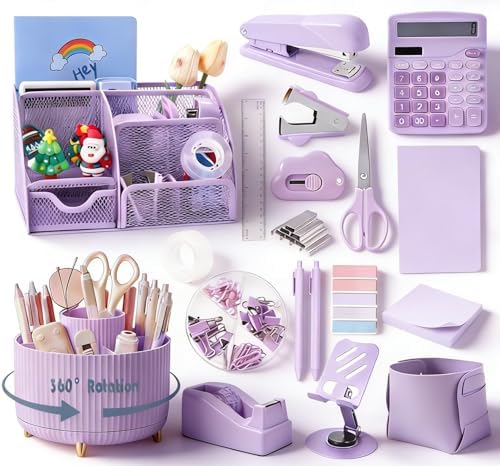 Gawsey Desk Organizers and Accessories with Desk Organizer 360° Rotating Pen Holder and Office Supplies, Cute Stationery Supplies Set (Purple) by Gawsey