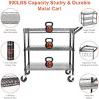 BolDuck Heavy Duty Utility Cart, 990Lbs Capacity 3 Tier Rolling Carts with Wheels, Kitchen Cart on Wheels with Storage, Commercial Grade Metal Serving Carts with Wire Shelving &Handle Bar, Black - Image 4