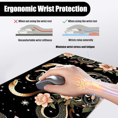 Mouse Pad,Large Desk Mat Set, 4in1 XL Mousepad + Keyboard Wrist Rest+Mouse Wrist Rest+Coaster with Ergonomic Desk Pad for Home Office Table Computer Cover -Aesthetic Snake Floral - Image 5