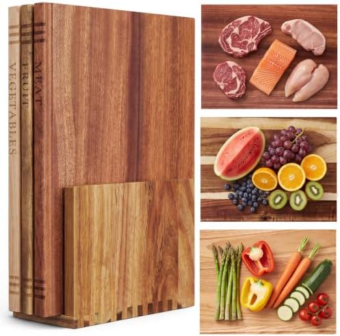 3 Pcs Acacia, Wenge & Rubberwood Chopping Wood Book Cutting Boards Set with Wooden Bookend Holder Book Shaped Solid Wood Cutting Board for Kitchen Fruits Vegetables Meat Fish Cheese Bread by Acellegic