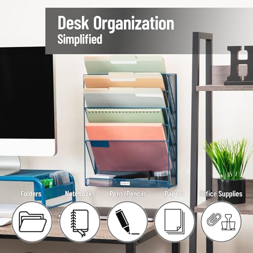 Mind Reader 5-Pocket Vertical File Storage, Desktop Organizer, Wall Mount, Office, Metal Mesh, Turquoise - Image 2