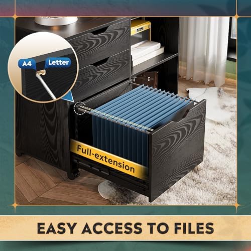 DEVAISE 3-Drawer Wood File Cabinet, Mobile Lateral Filing Cabinet, Printer Stand with Open Storage Shelves for Home Office, Black - Image 5