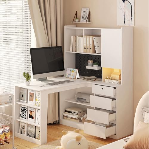 51.6" White Corner Computer Desk with Drawers for Home Office by Varelynn