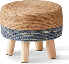 Cpintltr Foot Stool Natural Seagrass Hand Weave Poufs Round Ottoman for Couch Desk Soft Step Stool Padded Foot Rest with Non-Skid Pine Legs for Hallway Office Lounge Natural/Blue by CpintltrFruniture