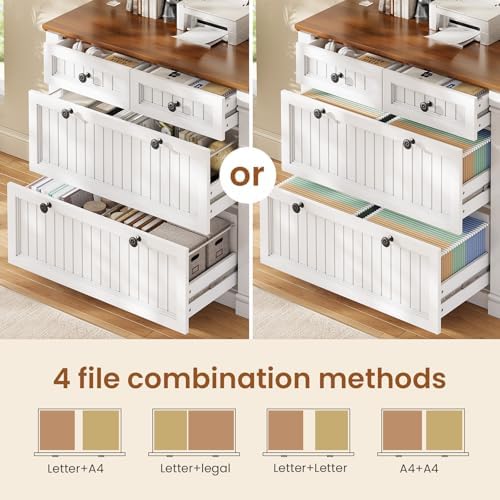SEDETA 4 Drawers File Cabinet, 33" Farmhouse Filing Cabinets for Home Office fit Legal/Letter/A4 File, Wood Office File Cabinet with Power Outlets, Printer Stand with Storage, White+Brown - Image 4