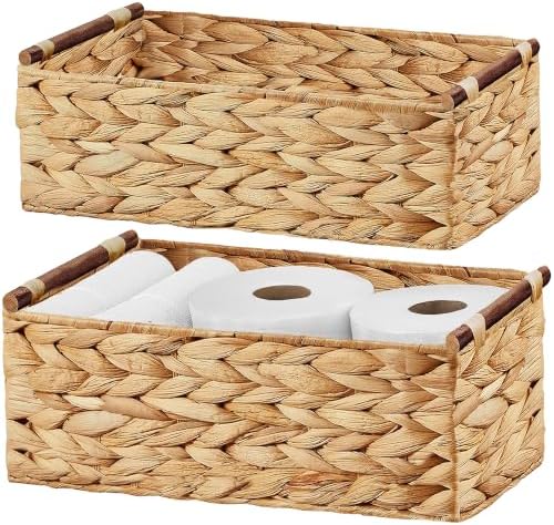 Vagusicc Wicker Storage Basket, Set of 2 Hand-Woven Water Hyacinth Wicker Basket for Organizing with Handle Decorative Storage Bins for Counter Pantry Shelves Toilet Paper Basket for Toilet Tank Top by Vagusicc