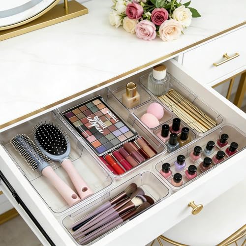 14 PCS Adjustable Clear Drawer Organizer Set - 3-Size Acrylic Storage Boxes for Makeup, Stationery, Kitchen Utensils, Tools & Bedroom Dresser Organization - Image 2