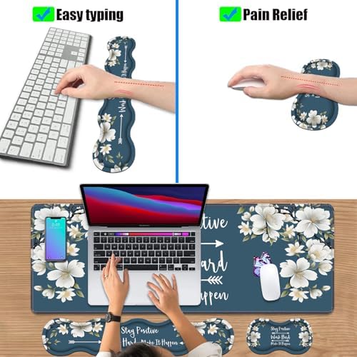 4 in 1 Ergonomic Keyboard Wrist Rest & Mouse Pad Wrist Rest Set,Stay Positive Work Hard and Make It Happen Inspirational Quote Large XXL Gaming Desk Mat with Non-Slip Base for Home Office Study Gaming - Image 6